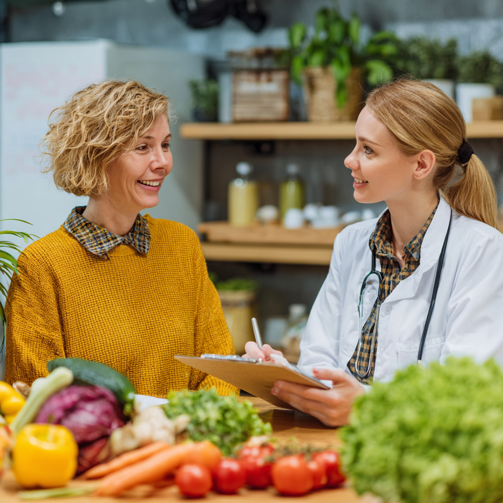 Smiling middle-aged Ukrainian woman in kitchen preparing healthy colorful vegetables and fruits for meal planning