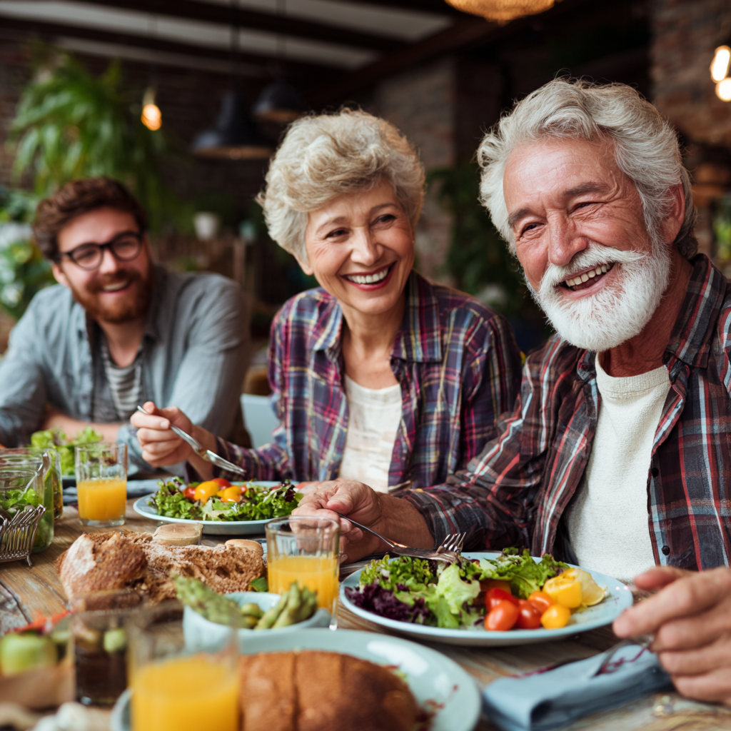 Happy Ukrainian family of different ages sharing healthy meal together at dining table with various nutritious foods